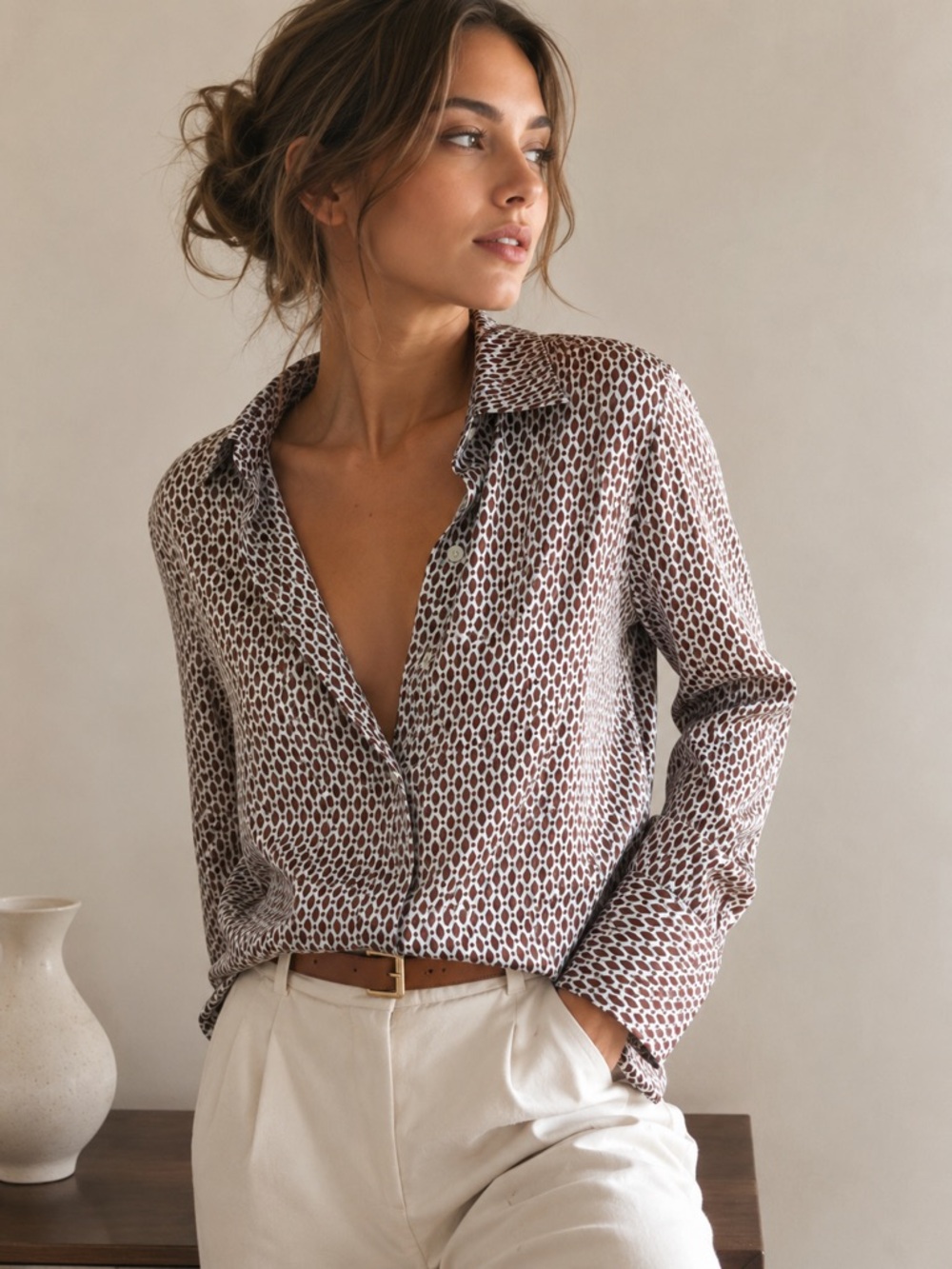 Abercrombie & Fitch Brown & White Geometric Button-Up Shirt